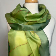 Load image into Gallery viewer, Flames Design Long Scarf in Shades of Green : Hand Painted Silk