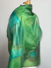 Load image into Gallery viewer, Abstract Design Silk Long Scarf in Shades of Green : Hand Painted by Designer Silk Artist