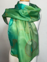 Load image into Gallery viewer, Abstract Design Silk Long Scarf in Shades of Green : Hand Painted by Designer Silk Artist