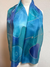 Load image into Gallery viewer, Abstract Design Silk Long Scarf in Shades of Blues : Hand Painted by Designer Silk Artist
