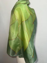 Load image into Gallery viewer, Flames Design Long Scarf in Shades of Green : Hand Painted Silk