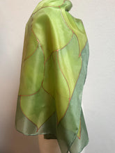 Load image into Gallery viewer, Flames Design Long Scarf in Shades of Green : Hand Painted Silk