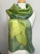 Load image into Gallery viewer, Flames Design Long Scarf in Shades of Green : Hand Painted Silk