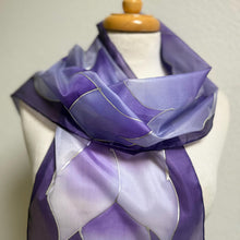 Load image into Gallery viewer, Flames Design Hand Painted Silk Neck Scarf in Purples Silver by Designer Silk Artist