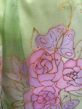 Load image into Gallery viewer, Gardenias Hand Painted Silk Neck Scarf in Green Pink Gold by Designer Silk Artist
