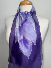 Load image into Gallery viewer, Flames Design Hand Painted Silk Neck Scarf in Purples Silver by Designer Silk Artist