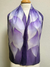 Load image into Gallery viewer, Flames Design Hand Painted Silk Neck Scarf in Purples Silver by Designer Silk Artist