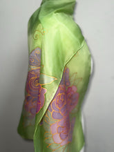 Load image into Gallery viewer, Gardenias Hand Painted Silk Neck Scarf in Green Pink Gold by Designer Silk Artist