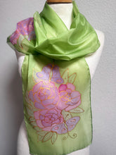 Load image into Gallery viewer, Gardenias Hand Painted Silk Neck Scarf in Green Pink Gold by Designer Silk Artist
