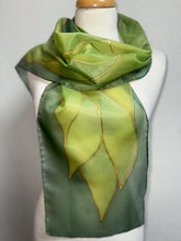 Load image into Gallery viewer, Flames Design Hand Painted Silk Neck Scarf in Greens Gold by Designer Silk Artist