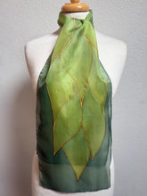 Load image into Gallery viewer, Flames Design Hand Painted Silk Neck Scarf in Greens Gold by Designer Silk Artist