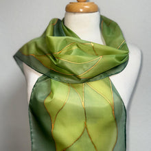 Load image into Gallery viewer, Flames Design Hand Painted Silk Neck Scarf in Greens Gold by Designer Silk Artist