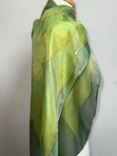 Load image into Gallery viewer, Flames Design Hand Painted Silk Neck Scarf in Greens Gold by Designer Silk Artist