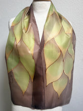 Load image into Gallery viewer, Flames Design Hand Painted Silk Neck Scarf in Chocolate Brown Greens Copper by Designer Silk Artist