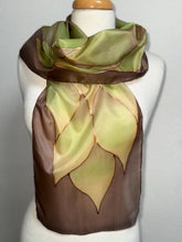 Load image into Gallery viewer, Flames Design Hand Painted Silk Neck Scarf in Chocolate Brown Greens Copper by Designer Silk Artist