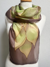 Load image into Gallery viewer, Flames Design Hand Painted Silk Neck Scarf in Chocolate Brown Greens Copper by Designer Silk Artist