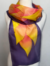Load image into Gallery viewer, Flames Design Hand Painted Silk Neck Scarf in Purple Fiery Shades by Designer Silk Artist