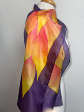 Load image into Gallery viewer, Flames Design Hand Painted Silk Neck Scarf in Purple Fiery Shades by Designer Silk Artist