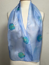 Load image into Gallery viewer, Sweet Peas Design Silk Neck Scarf in Pale Blue Silver by Designer Silk Artist