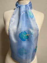 Load image into Gallery viewer, Sweet Peas Design Silk Neck Scarf in Pale Blue Silver by Designer Silk Artist