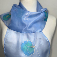 Load image into Gallery viewer, Sweet Peas Design Silk Neck Scarf in Pale Blue Silver by Designer Silk Artist