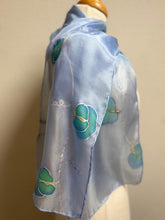 Load image into Gallery viewer, Sweet Peas Design Silk Neck Scarf in Pale Blue Silver by Designer Silk Artist
