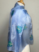 Load image into Gallery viewer, Sweet Peas Design Silk Neck Scarf in Pale Blue Silver by Designer Silk Artist