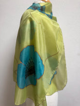 Load image into Gallery viewer, Poppies Design Long Scarf : Hand Painted Silk in Chartreuse Turquoise Copper