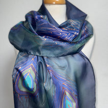 Load image into Gallery viewer, Peacock Feathers Design Long Scarf : Hand Painted Silk in Blues Navy Green Copper by Designer Silk Artist