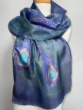 Load image into Gallery viewer, Peacock Feathers Design Long Scarf : Hand Painted Silk in Blues Navy Green Copper by Designer Silk Artist