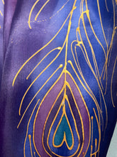 Load image into Gallery viewer, Peacock Feathers Design Long Scarf : Hand Painted Silk in Purple Navy Gold by Designer Silk Artist