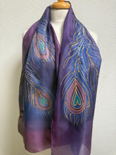 Load image into Gallery viewer, Peacock Feathers Design Long Scarf : Hand Painted Silk in Purple Navy Gold by Designer Silk Artist
