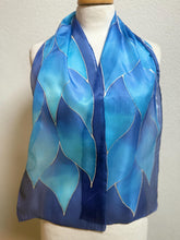 Load image into Gallery viewer, Flames Design Hand Painted Silk Neck Scarf in Cobalt Navy Blue Silver by Designer Silk Artist