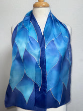 Load image into Gallery viewer, Flames Design Hand Painted Silk Neck Scarf in Cobalt Navy Blue Silver by Designer Silk Artist
