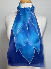 Load image into Gallery viewer, Flames Design Hand Painted Silk Neck Scarf in Cobalt Navy Blue Silver by Designer Silk Artist