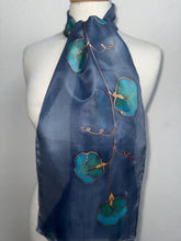 Load image into Gallery viewer, Sweet Peas Design Silk Neck Scarf in Navy Teal Copper by Designer Silk Artist
