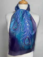 Load image into Gallery viewer, Peacock Feathers Design Hand Painted Silk Neck Scarf in Blue Purple Silver