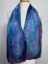 Load image into Gallery viewer, Peacock Feathers Design Hand Painted Silk Neck Scarf in Blue Purple Silver