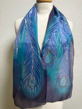 Load image into Gallery viewer, Peacock Feathers Design Hand Painted Silk Neck Scarf in Blue Purple Silver