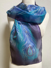 Load image into Gallery viewer, Peacock Feathers Design Hand Painted Silk Neck Scarf in Blue Purple Silver