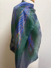 Load image into Gallery viewer, Peacock Feathers Design Hand Painted Silk Neck Scarf in Navy Green Copper