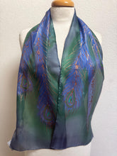 Load image into Gallery viewer, Peacock Feathers Design Hand Painted Silk Neck Scarf in Navy Green Copper