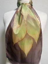 Load image into Gallery viewer, Flames Design Hand Painted Silk Neck Scarf in Chocolate Brown Greens Copper by Designer Silk Artist