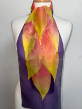 Load image into Gallery viewer, Flames Design Hand Painted Silk Neck Scarf in Purple Fiery Shades by Designer Silk Artist