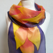 Load image into Gallery viewer, Flames Design Hand Painted Silk Neck Scarf in Purple Fiery Shades by Designer Silk Artist