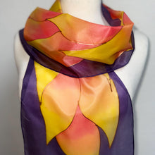 Load image into Gallery viewer, Flames Design Hand Painted Silk Neck Scarf in Purple Fiery Shades by Designer Silk Artist