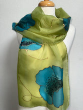 Load image into Gallery viewer, Poppies Design Long Scarf : Hand Painted Silk in Chartreuse Turquoise Copper
