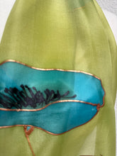 Load image into Gallery viewer, Poppies Design Long Scarf : Hand Painted Silk in Chartreuse Turquoise Copper
