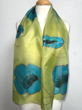 Load image into Gallery viewer, Poppies Design Long Scarf : Hand Painted Silk in Chartreuse Turquoise Copper