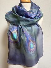 Load image into Gallery viewer, Peacock Feathers Design Long Scarf : Hand Painted Silk in Blues Navy Green Copper by Designer Silk Artist